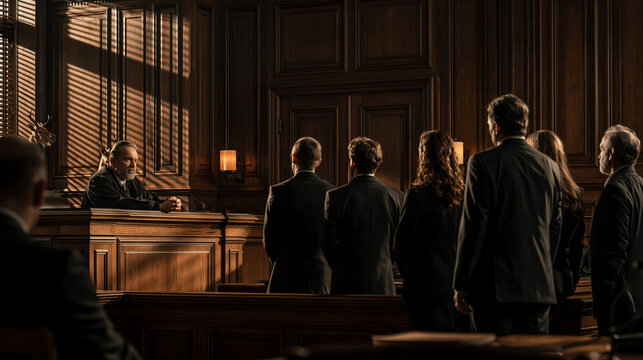 Justice Presiding: A solemn courtroom scene unfolds as a judge presides over a group of individuals standing before the bench, bathed in the dramatic, shadowy light of the justice chamber.