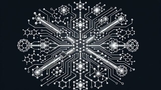 Electronic snowflake pattern with glowing circuit board elements