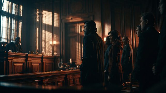 A Moment of Justice: A solemn courtroom scene depicts a judge presiding over a case, with defendants and legal professionals gathered. The atmosphere is filled with anticipation and gravity.