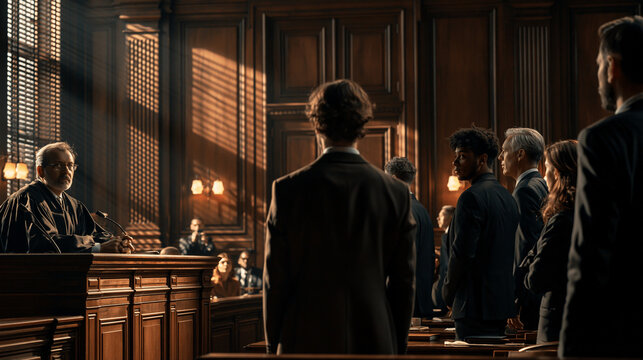 Justice in Session: A judge presides over a courtroom filled with attorneys and observers, as sunlight streams through the blinds, casting dramatic shadows. A scene of legal proceedings and solemnity.