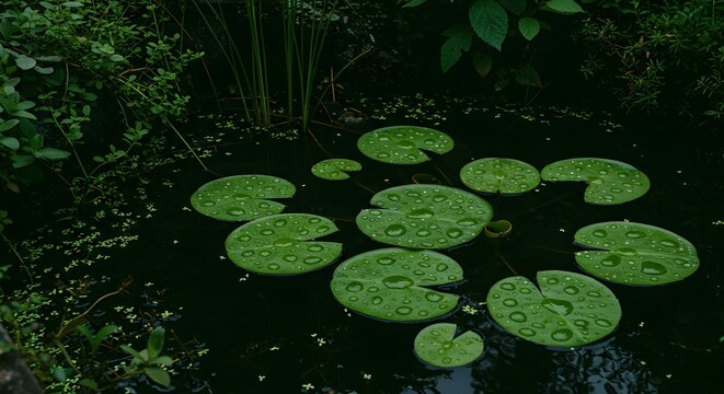 Calm Pond with Green Lily Pads Surrounded by Lush Vegetation in Natural Setting