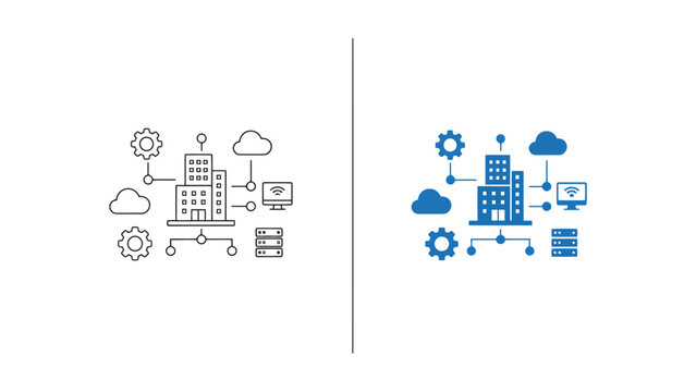 Corporate network infrastructure icon set featuring buildings and server connectivity for business cloud integration and smart office technology concepts in linear and solid vector design