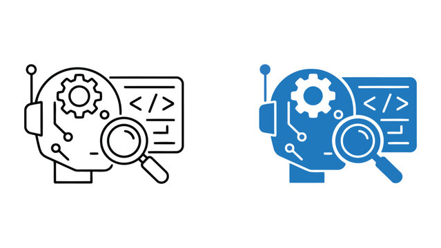 Artificial intelligence robot head with gear and code analysis symbol in line and solid blue style isolated on white for machine learning software development and automation technology concepts