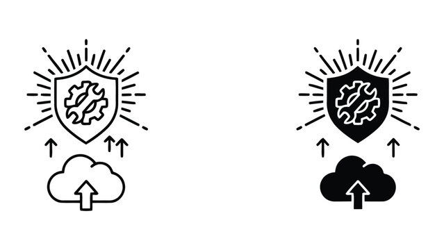 Cloud computing security and hardware maintenance icon set featuring shield and gear symbol with upload data flow for secure remote server management and technical support isolated on white
