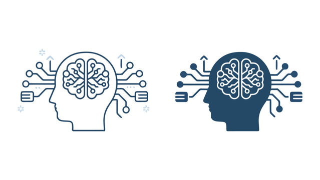 Artificial intelligence and neural network processing concept featuring human head with integrated circuit brain and data flow lines in professional flat vector style for machine learning research