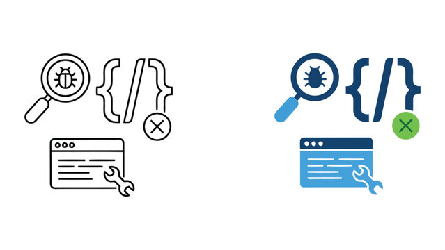 Web development error and maintenance icons with bug detection and code brackets in blue and green color scheme for technical support and software troubleshooting interface design