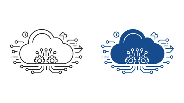 Cloud computing system optimization icon set featuring cloud with internal gears and circuit board pattern for cloud maintenance and system performance tuning and automated digital infrastructure