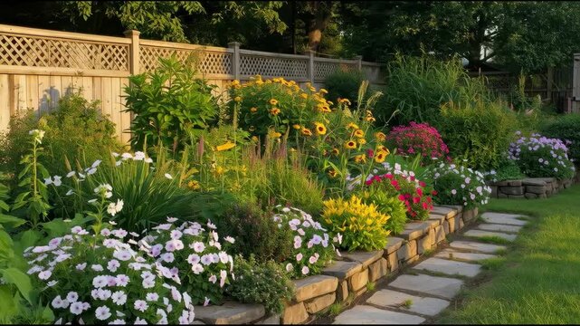 Lush cottage garden perennial flower bed with stone walkway, sunny backyard stepping stones