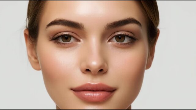 Radiant young woman portrait close up with flawless skin and natural makeup, soft expression
