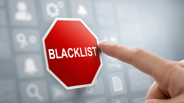 Blacklist Notification: A hand reaches out to touch a red octagonal sign with the word BLACKLIST displayed prominently, symbolizing prohibition and exclusion in a digital interface.