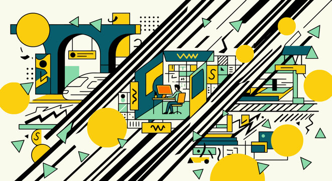Abstract geometric illustration of a modern train passing through an archway