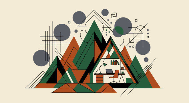 Abstract geometric landscape with minimalist mountains and circles on a beige background
