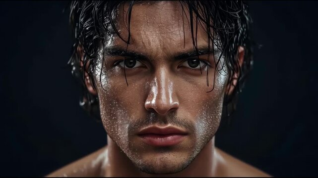 Wet portrait male model close up face intense wet portrait of male model with dramatic lighting