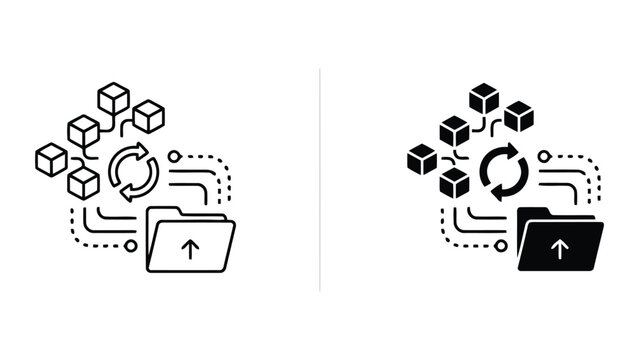Blockchain data folder upload and system synchronization icons with cube nodes for secure decentralized file management and distributed ledger technology concepts