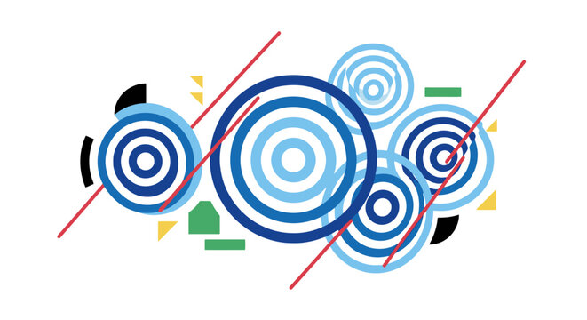 Minimalist abstract geometric composition with blue circles and red line on white background