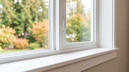 Fototapeta premium Newly installed double-pane window with a clean white sill and outdoor foliage view.