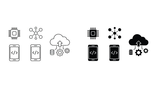 Cloud computing and software development icon set featuring microprocessor chip network structure and mobile application code symbols in both outline and solid black graphic design styles for tech