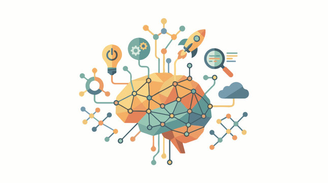Colorful abstract brain with connected nodes rocket lightbulb cloud and search icon