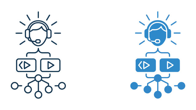Technical support and customer service icon set with headset and coding symbols representing software troubleshooting and help desk assistance for digital platforms and remote support solutions