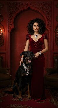 Elegant Woman Wearing Red Velvet Dress Standing with Dog in Luxurious Interior