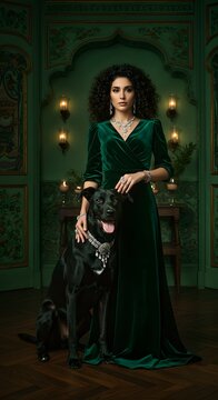 Elegant Woman Wearing Green Velvet Dress with Black Dog in Ornate Vintage Room