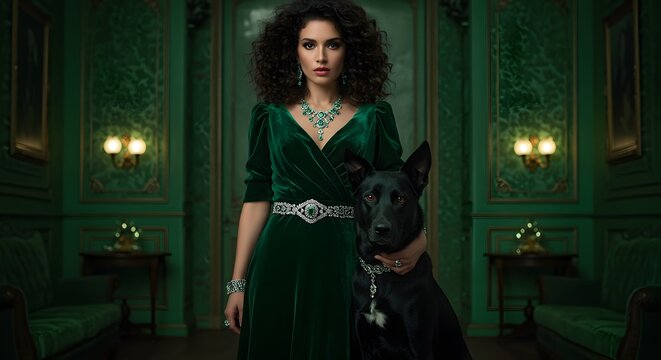 Elegant Woman Wearing Green Velvet Dress Holding Black Dog in Luxurious Green Room
