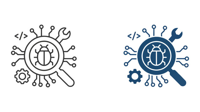 Software bug debugging icon set featuring magnifying glass with insect icon and wrench for technical maintenance and code troubleshooting in flat and outline vector style for developers