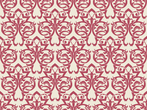 luxury vintage damask seamless pattern in burgundy red on cream beige background, intricate baroque interlocking ornament vector illustration for wallpaper, fabric, and textile design.