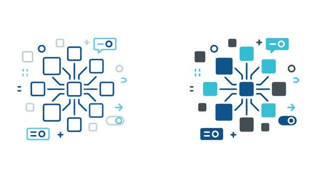 Data management system diagram with branching nodes and UI settings icons for information architecture and software development workflows in flat vector and line art design styles