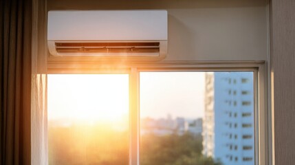 Fototapeta premium air conditioner blowing cold air inside modern apartment, contrast with hot sun outside window, cozy survival concept