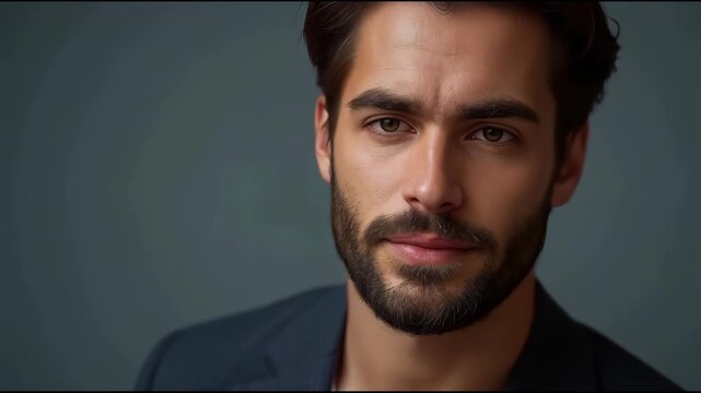 Handsome bearded man portrait thoughtful studio close up with moody contemplative expression