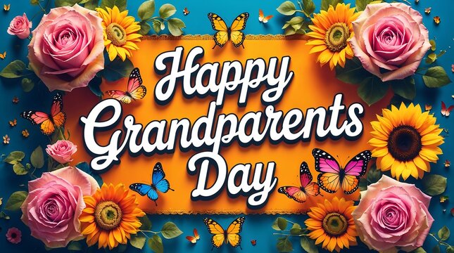 Vibrant happy grandparents day floral card with butterflies and flowers