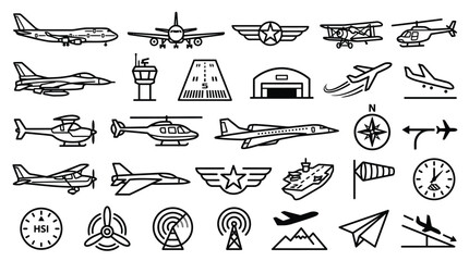 Collection of aviation icons and symbols representing different aircraft and airport elements. © Nuria