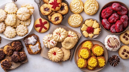 Fototapeta premium A delightful assortment of festive holiday cookies arranged beautifully on a themed table, showcasing homemade deliciousness.
