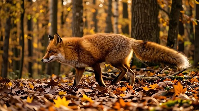 Red fox walking through fallen leaves in a sunlit autumn forest