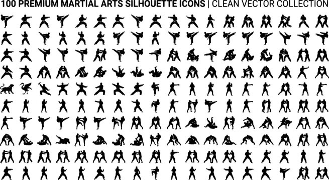 Martial arts silhouette vector icons