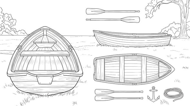 Wooden Rowboats with Oars Anchor and Rope Lakeside Vector Line Art Illustration