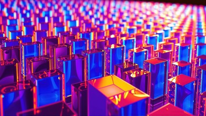 Obraz premium Vibrant rectangular prisms extend into darkness. Neon hues dominate, creating futuristic, immersive visual experience. Light reflects, refracts.