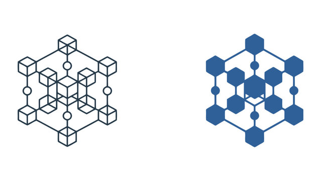 Blockchain technology digital ledger and crypto network node icon set in outline and solid blue style isolated on white for distributed database and financial technology software interface design