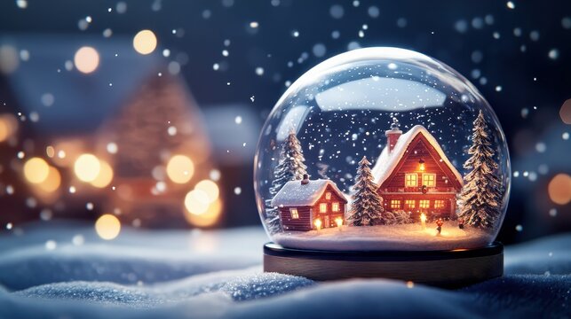A Magical Christmas Snow Globe Scene Showcasing a Cozy Snowy Village Bathed in Warm Light