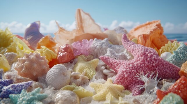 A Vivid Collection of Seashells and Starfish Scattered on Sandy Beach with Gentle Ocean Waves and Clear Sky