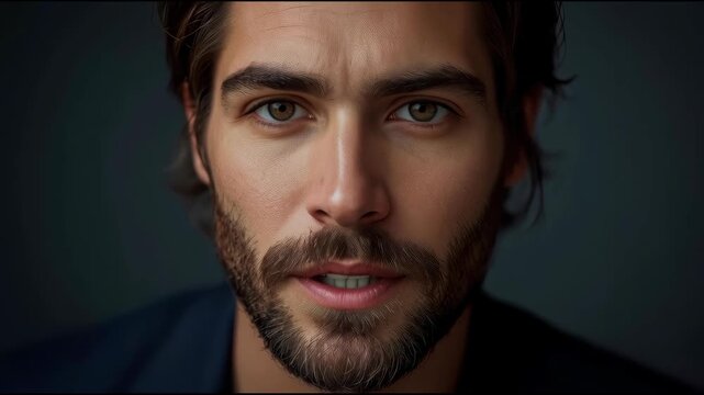 Handsome bearded man male portrait close up brown tones soft lighting thoughtful expression