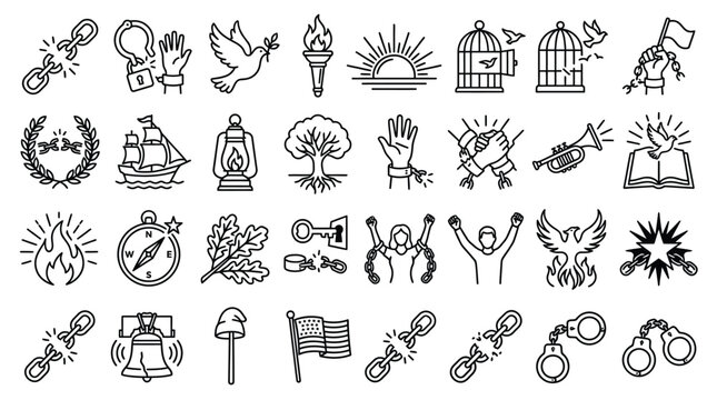 Collection of Icons Representing Freedom, Liberty, and Justice Concepts.
