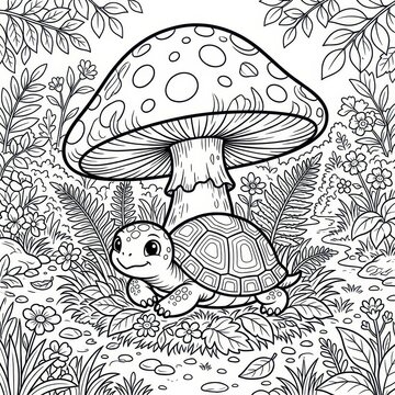 Cute turtle under a mushroom coloring page