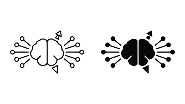 Artificial intelligence and neural network processing icon set featuring human brain with connected nodes and directional arrows for machine learning and cognitive computing technology concepts