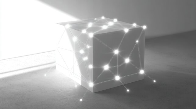 Abstract geometric cube adorned with glowing digital network connections and soft light