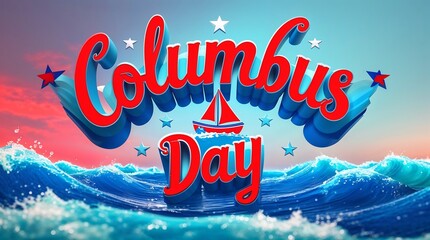 Vibrant columbus day graphic with ocean waves and sailboat