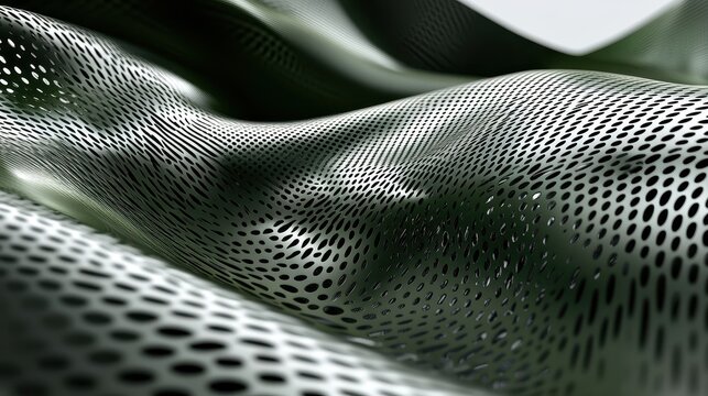 Abstract metallic surface with dynamic undulating patterns and perforations