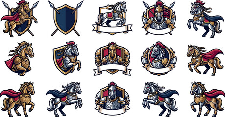 Medieval Knight Armor Horse Mascot Badge Set Featuring Armored Steeds, Shields, Crossed Spears, Blank Ribbons, and Crests for Esport and Gaming Team Logo Designs © MdMonirul