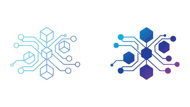 Distributed ledger technology and blockchain network icon with connected hexagon nodes and circuit paths in linear and gradient blue style for fintech and decentralization conceptual graphics